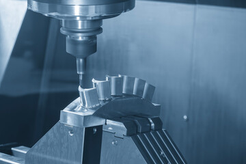 The 5-axis CNC milling machine  cutting the turbine blade part with solid ball end mill tool.