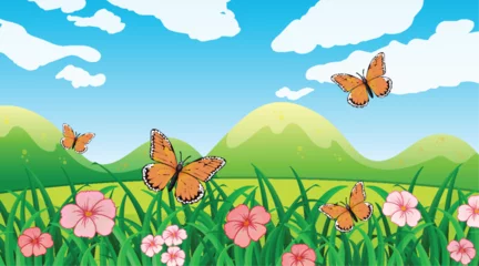 Glasschilderij Kinderen Colorful butterflies over flowers in a green field