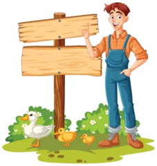 Glasschilderij Kinderen Cheerful farmer pointing at a blank wooden sign