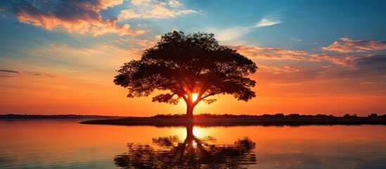 Sunset over a serene lake with lone tree - picturesque beauty