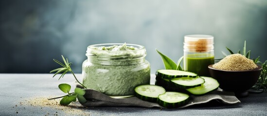 A jar of sliced cucumbers with a spoon of green liquid