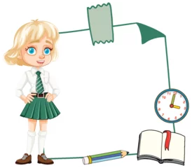 Glasschilderij Kinderen Cartoon schoolgirl with book, pencil, and clock