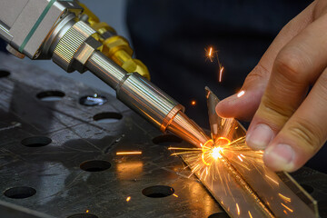 Close up scene the laser welding process by hand held laser welding machine.