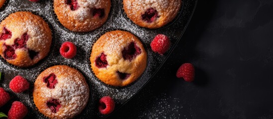 Muffin pan with raspberries and powdered sugar