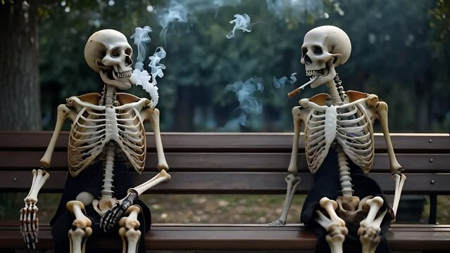 Two skeletons are sitting on a bench, casually smoking cigarettes in a surreal and whimsical scene.