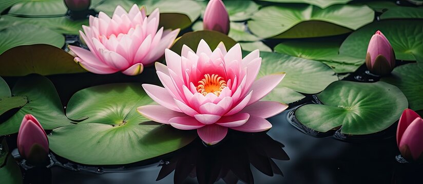 Two pink lotuses float in water
