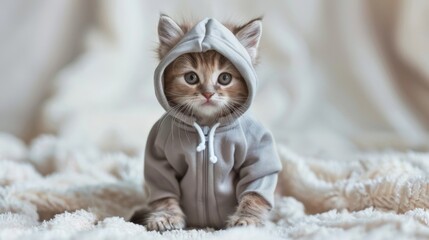 Funny animal background - Sweet cute little baby kitten cat pet wearing a jogging suit