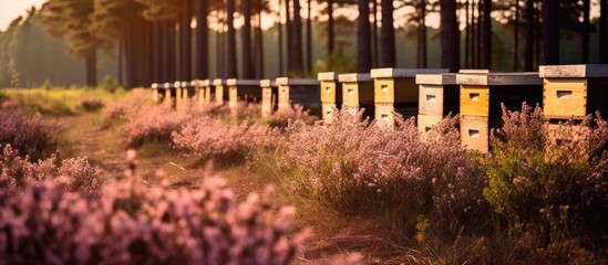 Row of beehives amidst lavender field