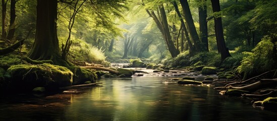 Stream flowing amid dense green woods - obrazy, fototapety, plakaty