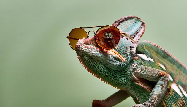 Chameleon with sunglasses on green background. Colorful reptile wallpaper.