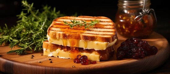 Sandwich with cheese and jam on wooden board