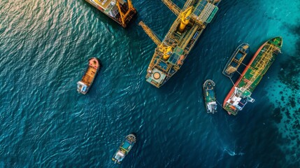 Aerial view of supply vessels surrounding an offshore drilling rig, facilitating logistics and support for extraction operations. - obrazy, fototapety, plakaty