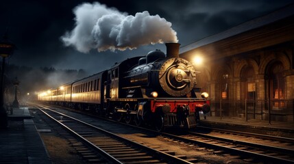 A majestic steam engine train chugs down the tracks in the darkness of night - Powered by Adobe
