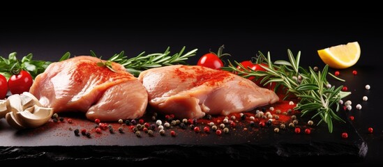 Raw Chicken Breasts, Spices, Tomatoes on Black Background