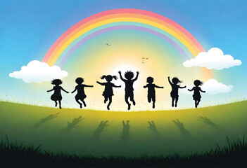 a vector illustration of children jumping in front of a rainbow