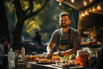 Young man working as a cook at the fast food truck.