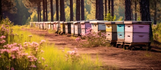 Beehives aligning the forest path