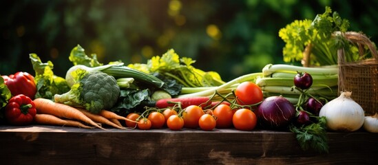 Table filled with assorted fresh vegetables and a basket of carrots - obrazy, fototapety, plakaty