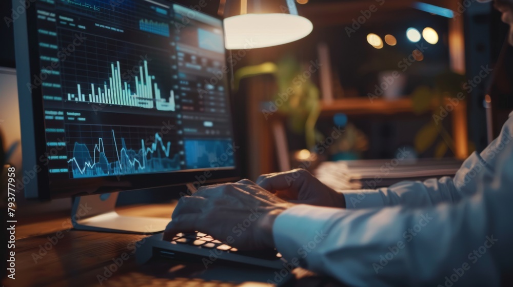 Aufkleber businessman analyzing stock market graphs and data on a desktop computer, making strategic investmen