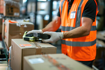 Closeup of employee scanning boxes for price, barcode or information at store.
