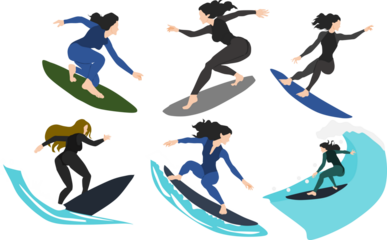 サーフィンをする女性のイラストセット