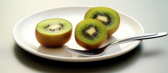 Kiwi halved on plate with fork