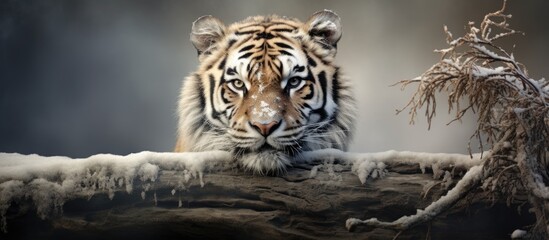 Tiger seated on snowy log - Powered by Adobe