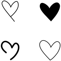 Set of black heart icons isolated on transparent background.