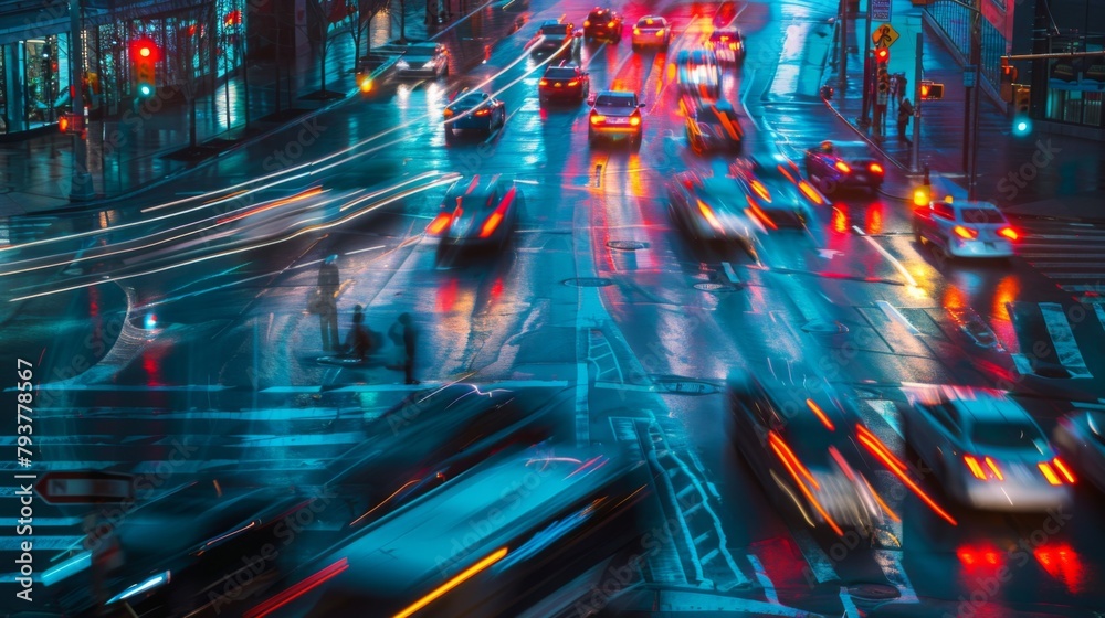 Aufkleber busy intersection with traffic lights changing colors, capturing the rhythm of urban commuting.