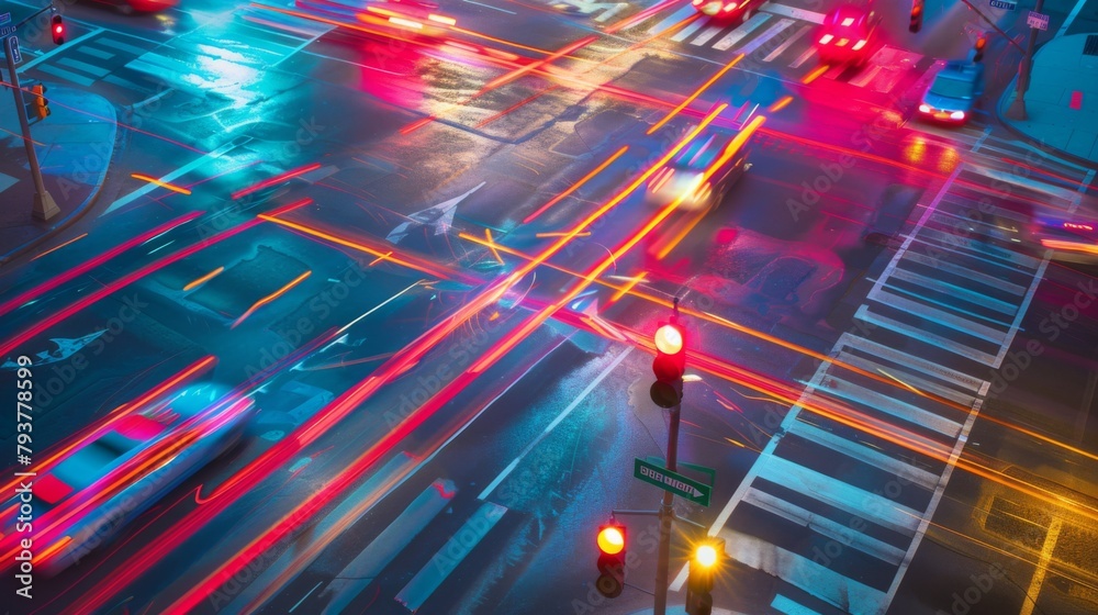 Aufkleber Busy intersection with traffic lights changing colors, capturing the rhythm of urban commuting.