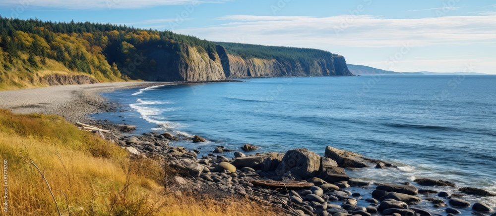 Poster Rocky coast with towering cliff in backdrop