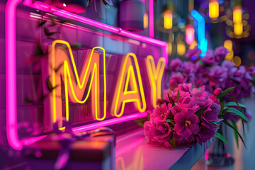 neon 'may' sign with floral decoration on colorful background for events - obrazy, fototapety, plakaty