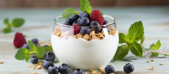 Glass of yogurt topped with berries and granola