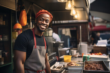Young man working as a cook at the fast food truck.