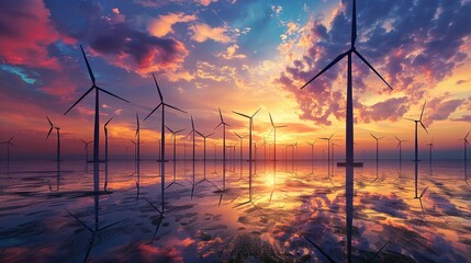 Sweeping landscape of a wind farm at sunset towering turbines silhouetted against a vibrant sky symbolizing the future of clean energy - obrazy, fototapety, plakaty
