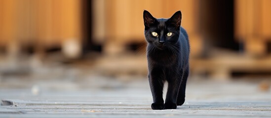 Black cat strolling sidewalk near building - Powered by Adobe