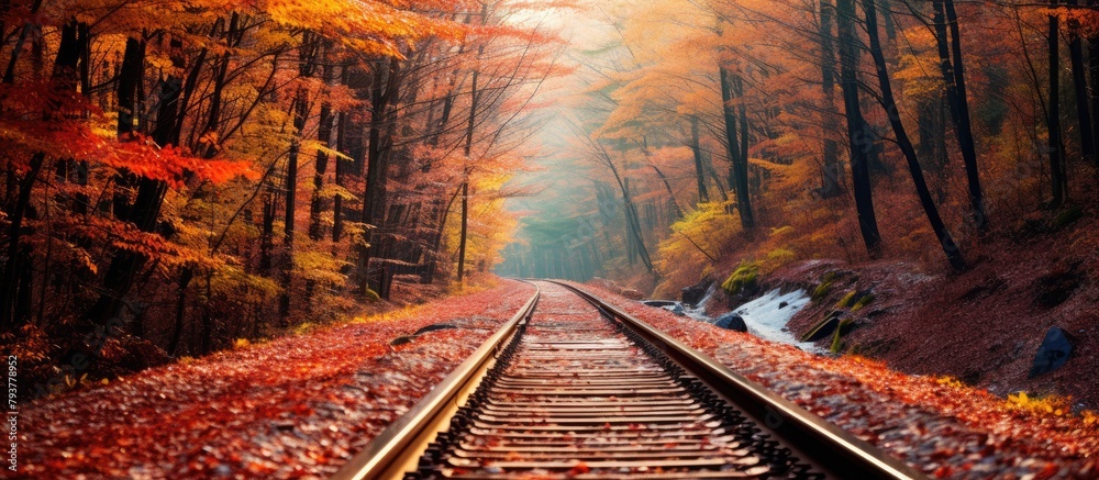 Poster Train track winding through lush woodland