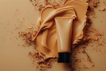 Beige clean mockup of blank brown tube with splashes of foundation on beige background. Concept and design for decorative women's face cosmetics