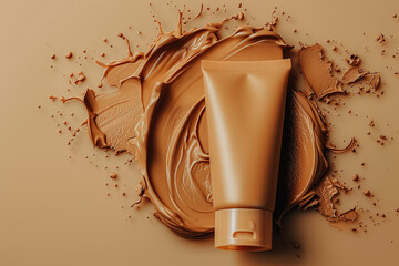 Beige clean mockup of blank brown tube with splashes of foundation on beige background. Concept and design for decorative women's face cosmetics