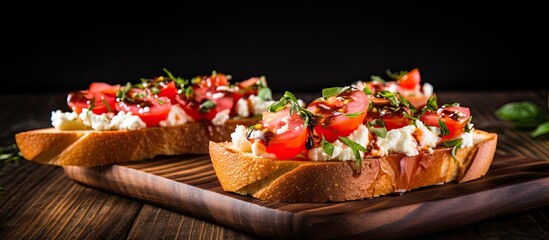 Bread slices topped with tomatoes and cheese on a wooden board