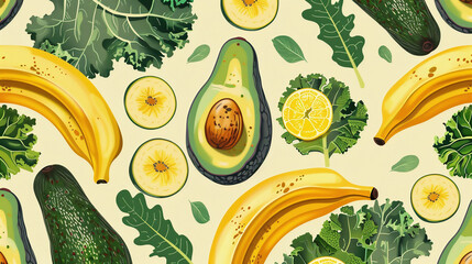 Seamless pattern with bananas and kale with avocado.