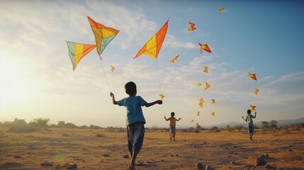 A group of people joyfully fly colorful kites in the vast, sandy desert under the clear sky - Powered by Adobe