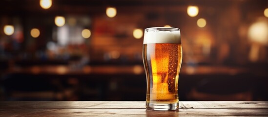 Glass of beer on wooden surface - obrazy, fototapety, plakaty