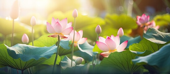Lotus flowers bloom among lush green foliage - obrazy, fototapety, plakaty