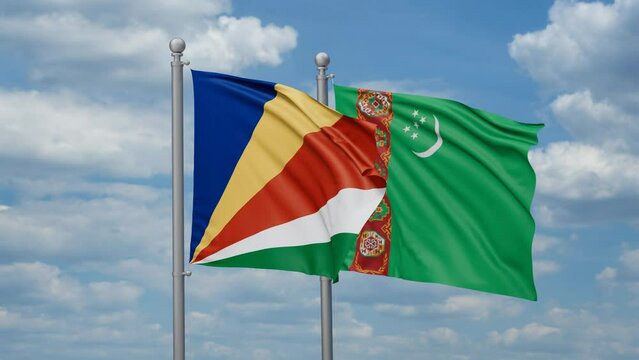 Turkmenistan and Seychelles two flags waving together, looped video, two country cooperation concept