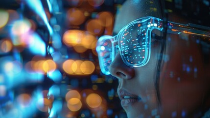 Programmer or IT person in glasses and on a 3D Screen Thinking About Data Analytics, Digital Technology, and Cyber-security. Code Hologram and Woman on Tablet Thinking About Data Analytics, Digital