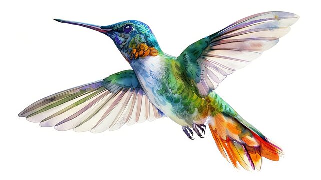 Vivid hummingbird exotic bird flying painted design in watercolor style isolated