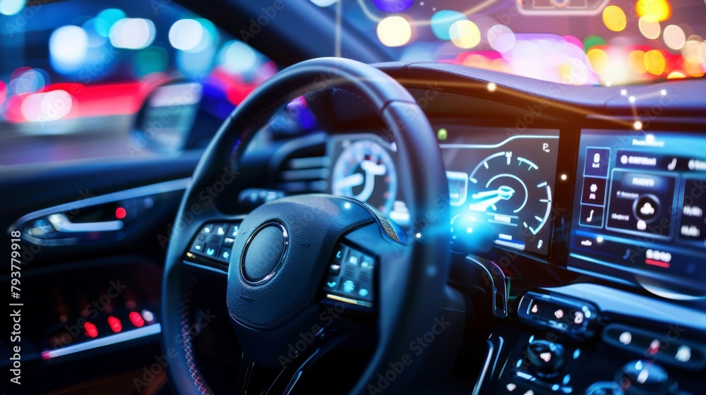Aufkleber close-up of a car dashboard with wireless connectivity features, enabling hands-free calling and mus