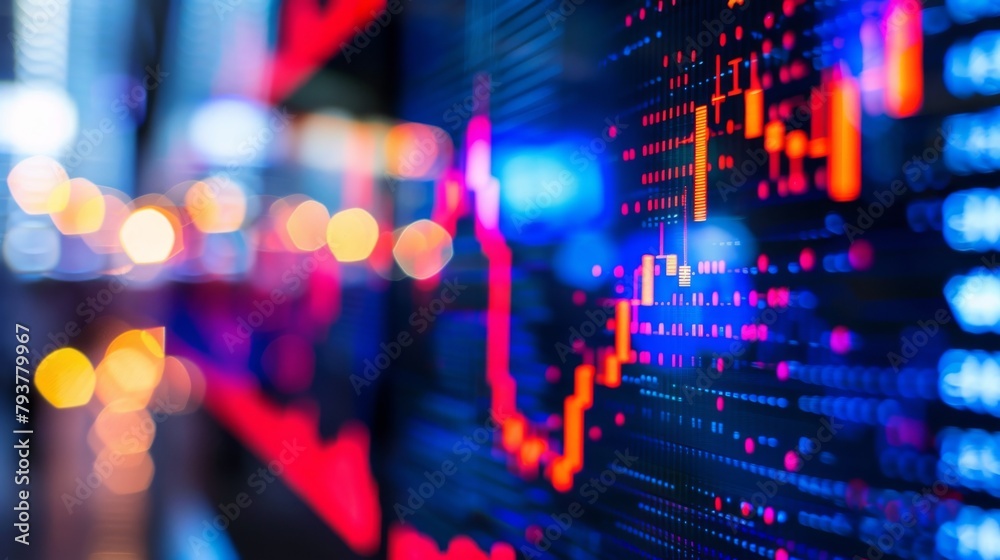 Poster Close-up of a computer screen displaying fluctuating stock prices on a dynamic graph, illustrating market volatility.