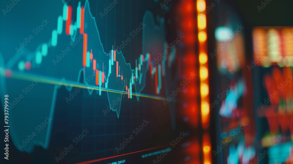 Aufkleber Close-up of a computer screen displaying fluctuating stock prices on a dynamic graph, illustrating market volatility.
